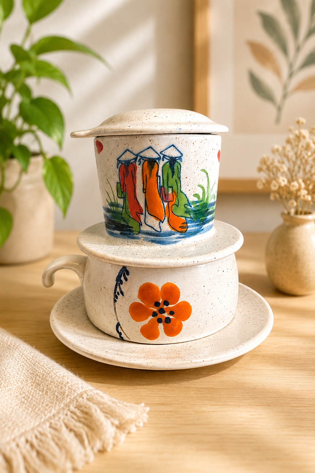 Weißer Phin- Kaffeefilter und passende Tasse aus Keramik mit einem Gemälde vietnamesischer Frauen in Ao dai