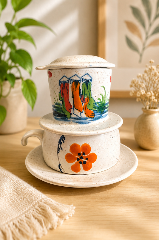 Weißer Phin- Kaffeefilter und passende Tasse aus Keramik mit einem Gemälde vietnamesischer Frauen in Ao dai