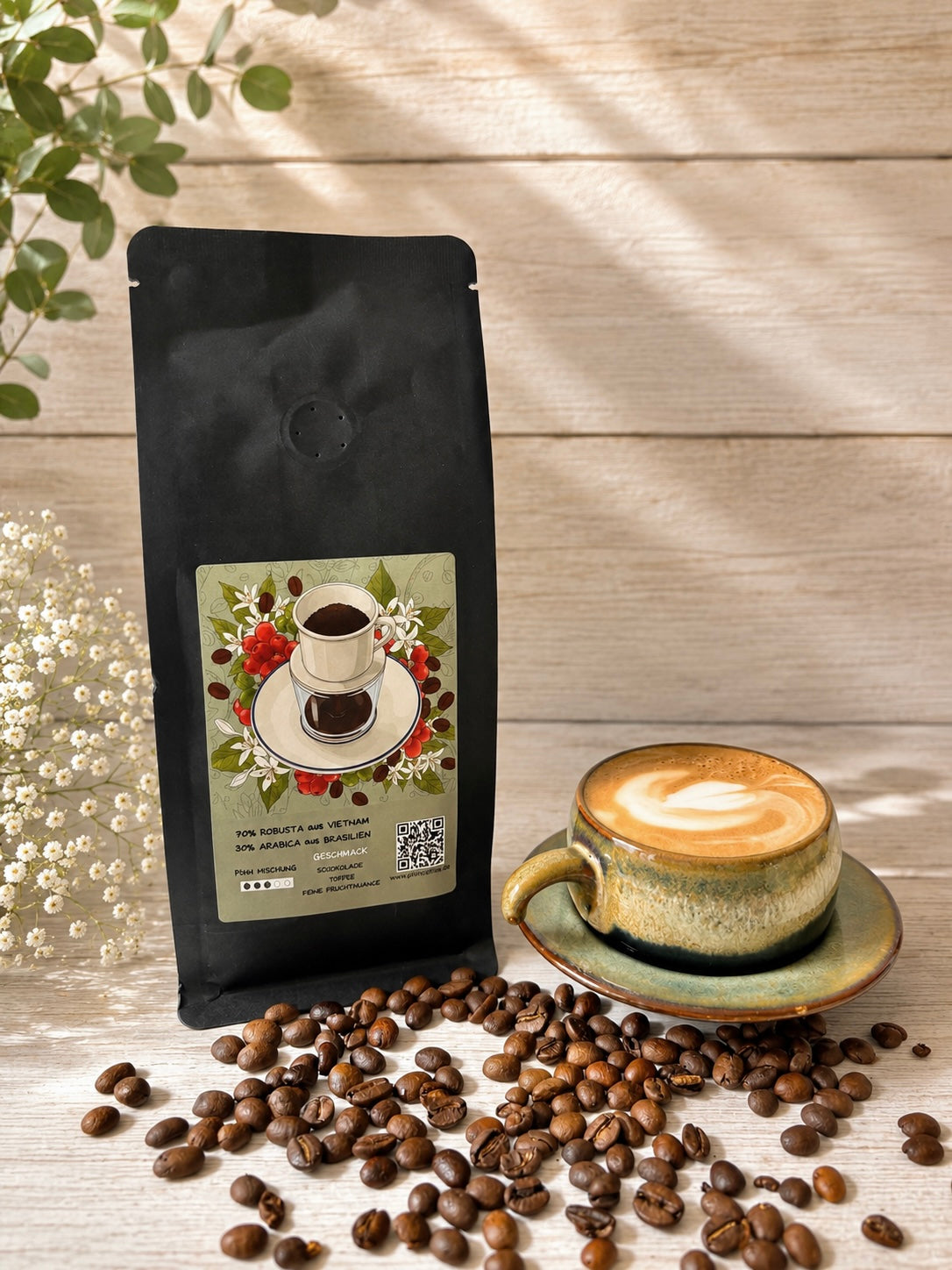 GESCHENKSET- Kaffeebohnen und Phin Set mit Kaffeefilter und passender Tasse aus Keramik in Moosgrün