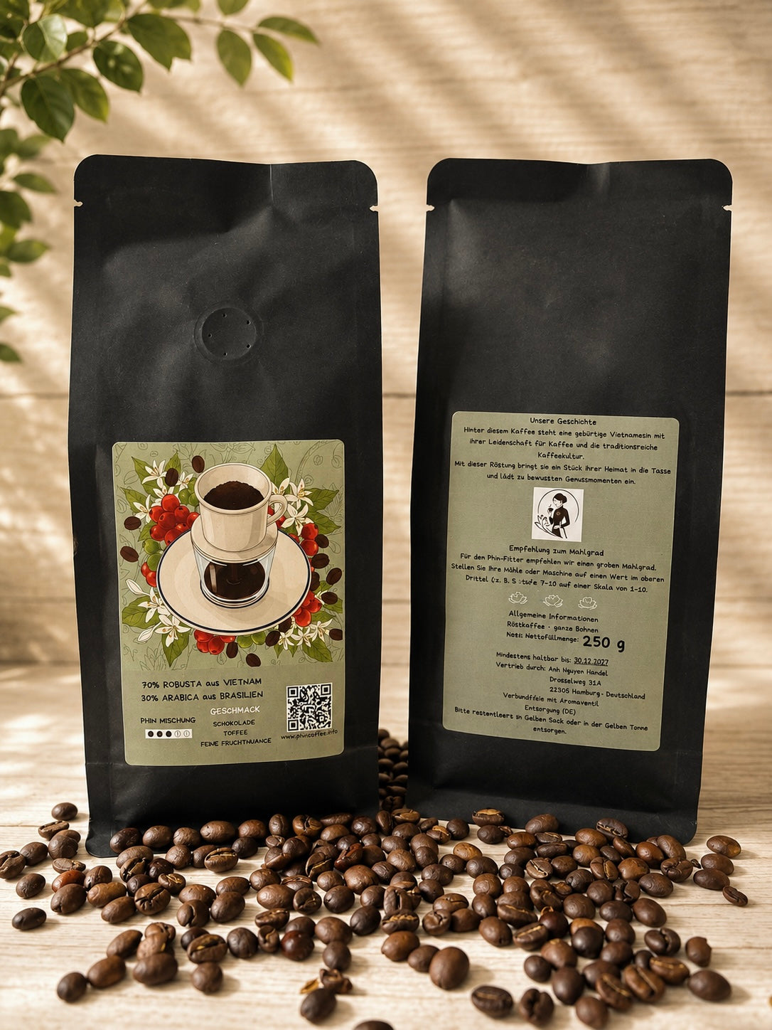 Kaffeebohnen für Phin Filter mit 70% Robusta aus Vietnam und 30% Arabica aus Brasilien